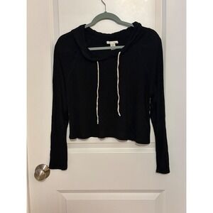 Bozzolo Black Long Sleeve Cowl Neck Drawstring Cropped Hoodie Top Womens Small